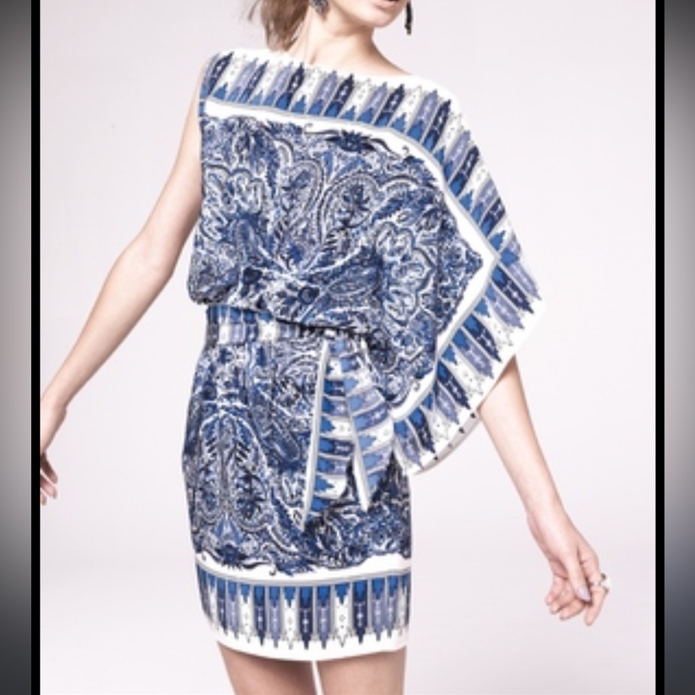BCBGMAXAZRIA Leia ivory blue print‎ silk dress Sz M